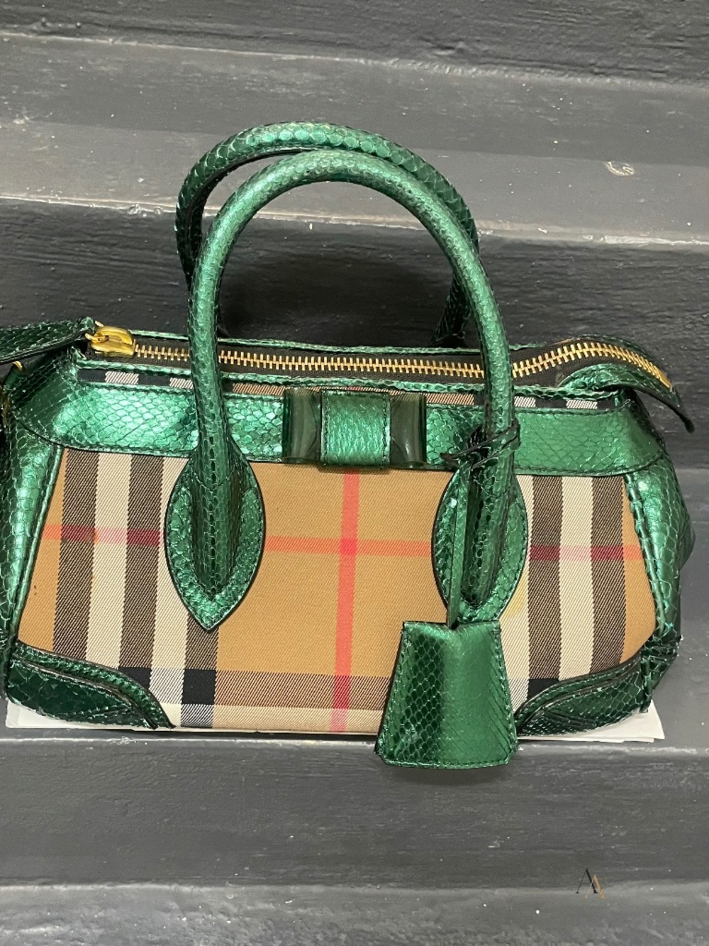 Authentic Burberry Prorsum Metallic Emerald Python House Check Bow Satchel